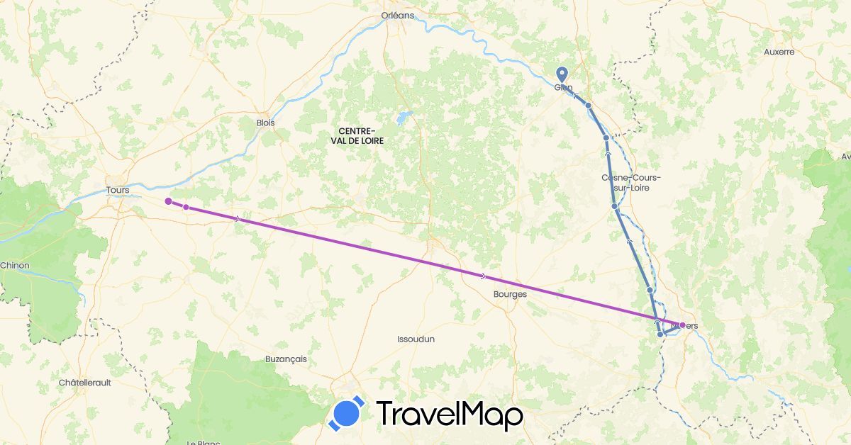 TravelMap itinerary: driving, cycling, train in France (Europe)